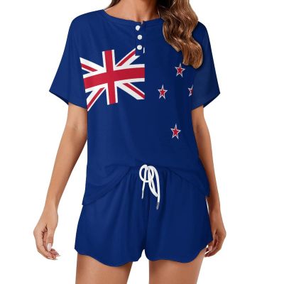 Linkasi New Zealand Flag Ladies Short Sleeve Pullover Casual Sports Homewear Set 3XL