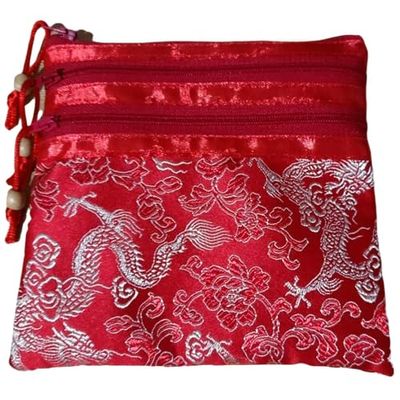 Only My Live Home Portable Large Silk Brocade Multi Zipper Pouch Jewelry Storage Bags for Travel Cosmetic Makeup Packaging 3 Zip Purses (red (pattern random))