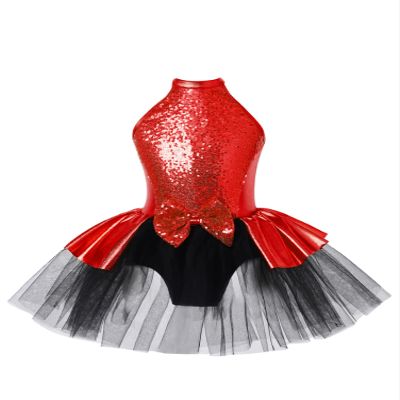 CHICTRY Kids Girls Shiny Sequined Ballet Tutu Dress Modern Jazz Latin Dance Costume Dancewear Red with Bow 8 Years