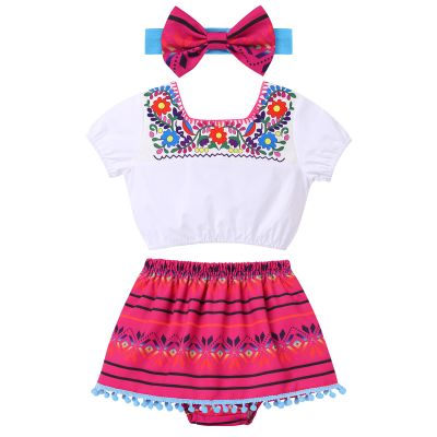 Baby Girl Traditional Mexican Cinco De Mayo Fiesta Dress Toddler My 1st Cinco de Mayo Outfit Crop Top Skirted Shorts Bowknot Headband Kids May 5 Summer Holiday Uno First Birthday Set Hot Pink 12-18M