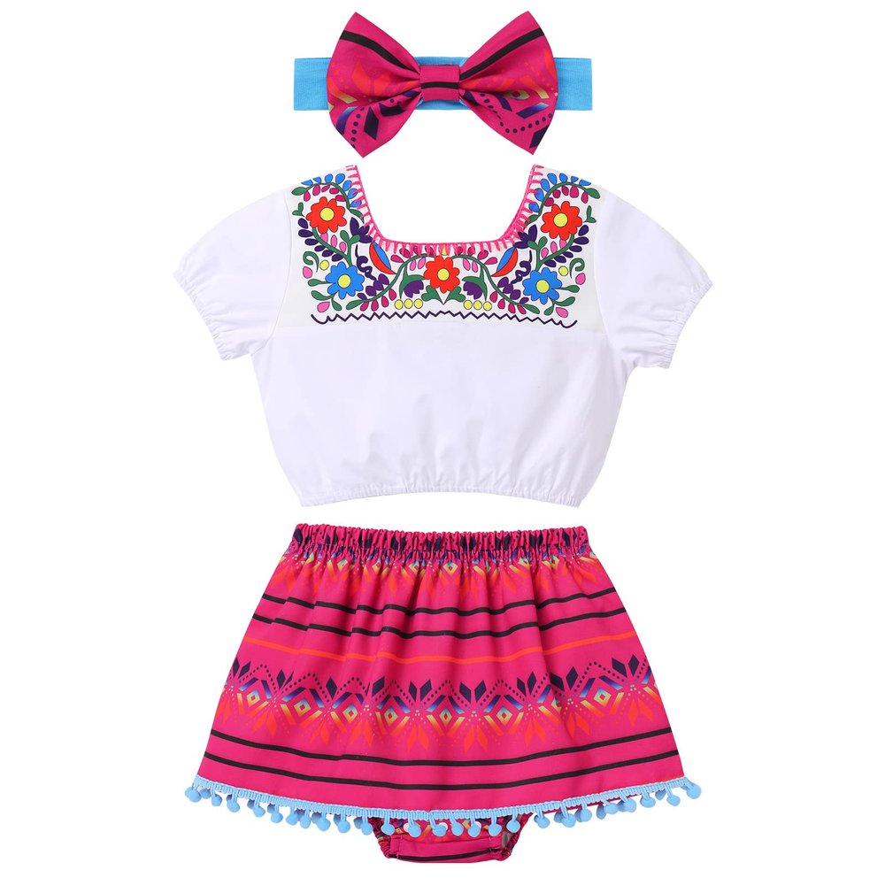 Baby Girl Traditional Mexican Cinco De Mayo Fiesta Dress Toddler My 1st Cinco de Mayo Outfit Crop Top Skirted Shorts Bowknot Headband Kids May 5 Summer Holiday Uno First Birthday Set Hot Pink 12-18M