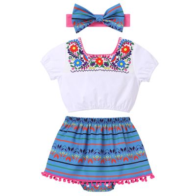 Baby Girl Traditional Mexican Cinco De Mayo Fiesta Dress Toddler My 1st Cinco de Mayo Outfit Crop Top Skirted Shorts Bowknot Headband 3pcs Kids May 5 Summer Holiday Uno First Birthday Set Blue 6-12M