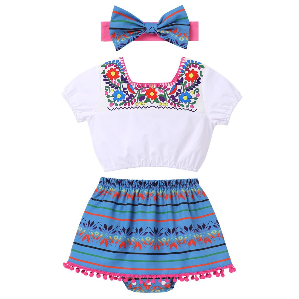 Baby Girl Traditional Mexican Cinco De Mayo Fiesta Dress Toddler My 1st Cinco de Mayo Outfit Crop Top Skirted Shorts Bowknot Headband 3pcs Kids May 5 Summer Holiday Uno First Birthday Set Blue 6-12M