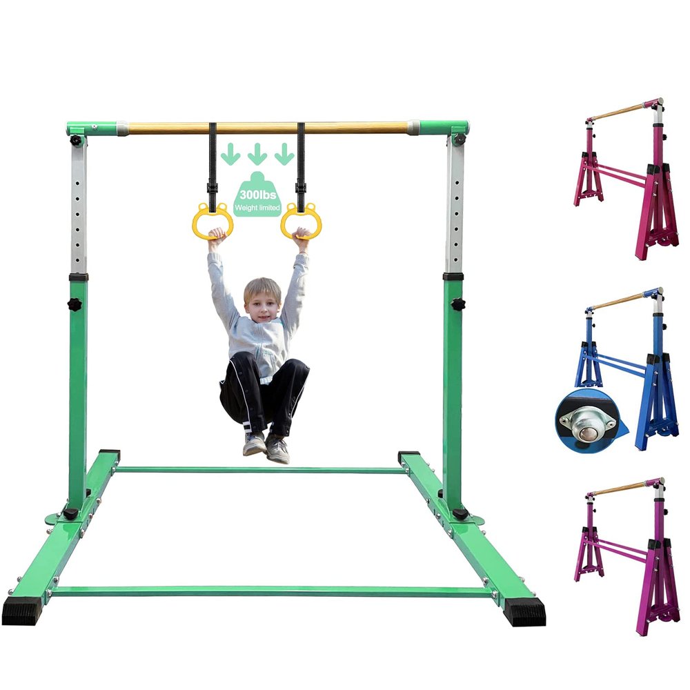 YIsintruan Collapsible Training Bar Horizontal Bar Kip Bar Home Gym Equipment Kids Teens Horizontal Bar Indoor 3' to 5' Height Adjustable, 300 lb Load Capacity (60 * 15.7 * 7.5inch, Green, 1)