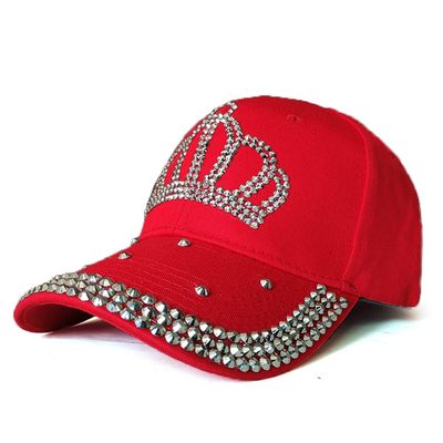 Adjustable Womens Sparkle Bling Rhinestone Bejeweled Crown Cotton Denim Baseball Cap Hip Hop Hat Sun Cap (A-Crown Red)