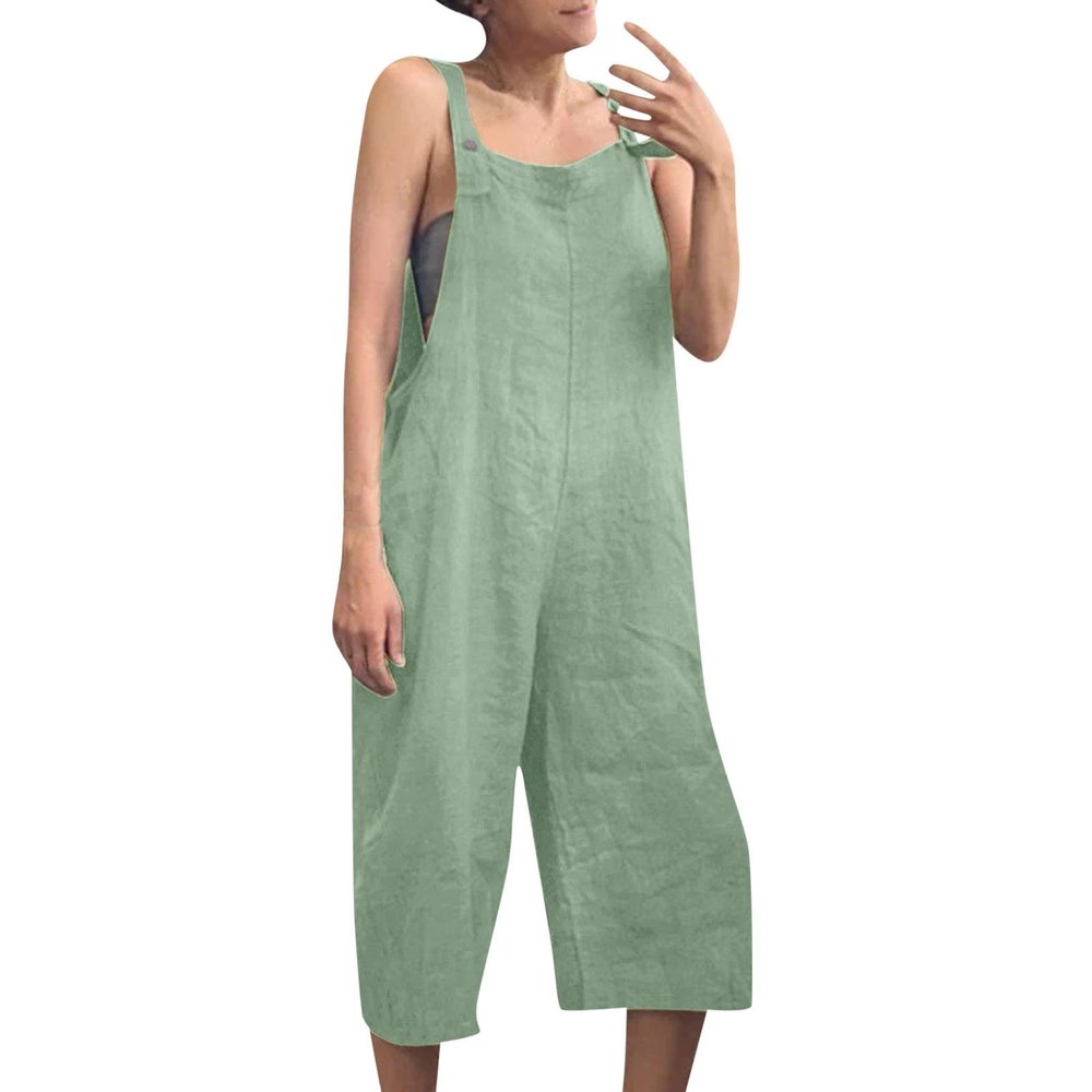 XUETON Womens Casual Loose Bib Capris Pants Baggy Harem Cotton Linen Jumpsuits Lightweight Beach Summer Rompers Overalls with Pockets(Grey,XX-Large)