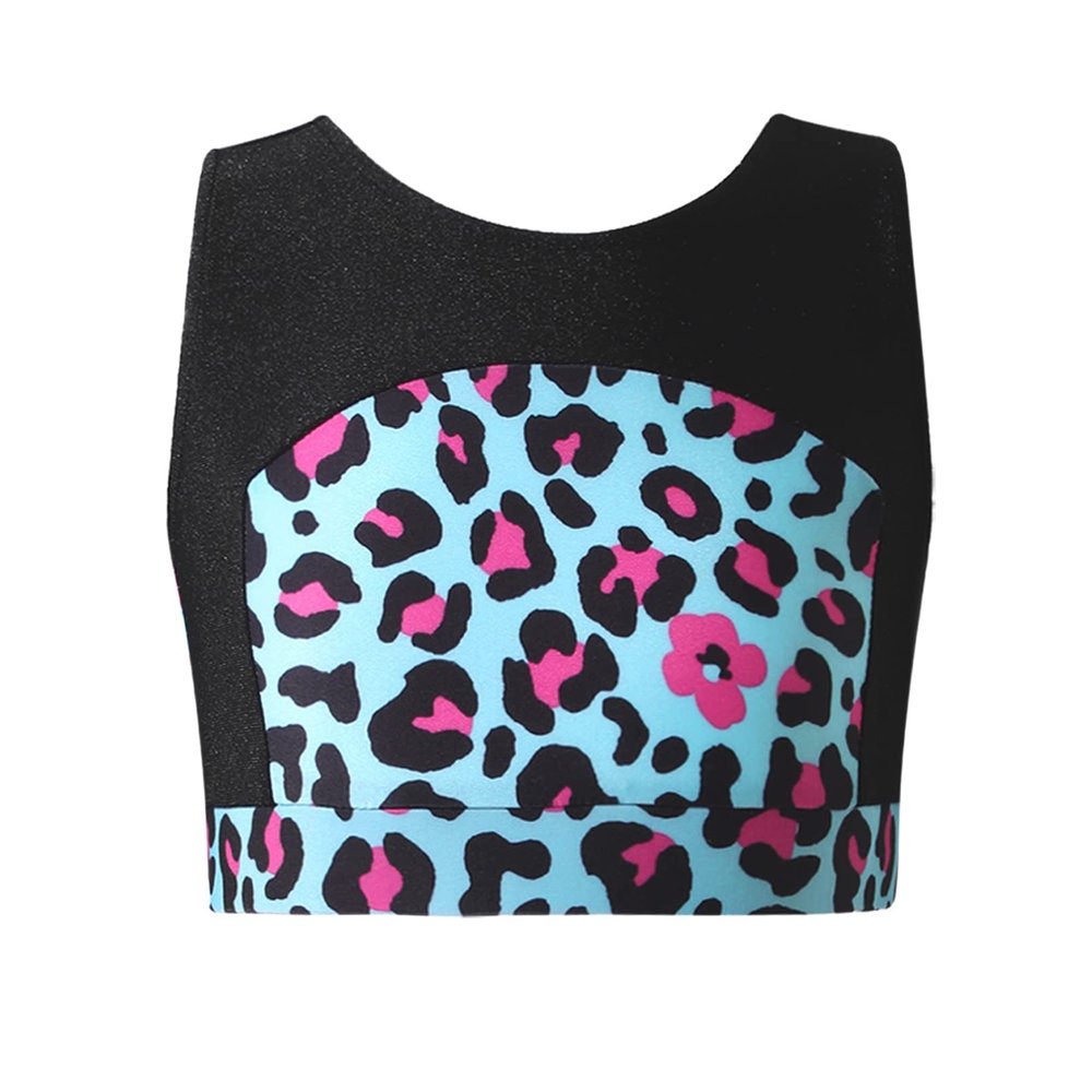 Moily Kids Girls Tie Dye Cutout Back Crop Top Gymnastics/Dance/Workou Sports Bra Cami Shirts Teal Leopard 12