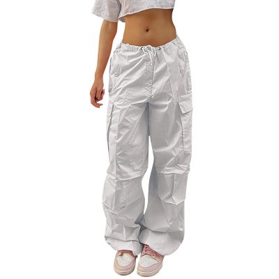 XUETON Parachute Pants for Women High Waisted Y2K Wide Leg Oversized Plus Size Boyfriend Cargo Jeans Streetwear Trousers(White,X-Small)