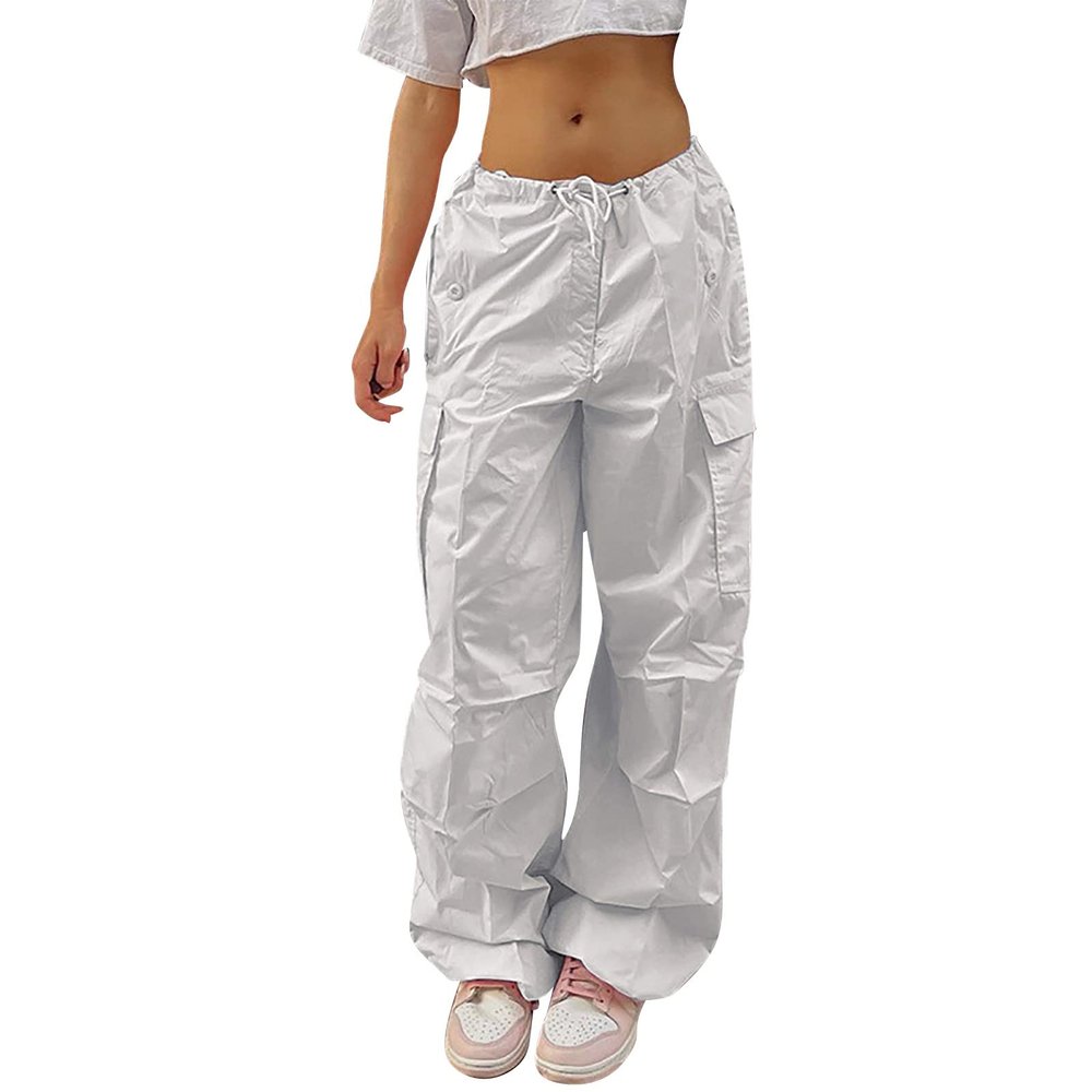 XUETON Parachute Pants for Women High Waisted Y2K Wide Leg Oversized Plus Size Boyfriend Cargo Jeans Streetwear Trousers(White,X-Small)