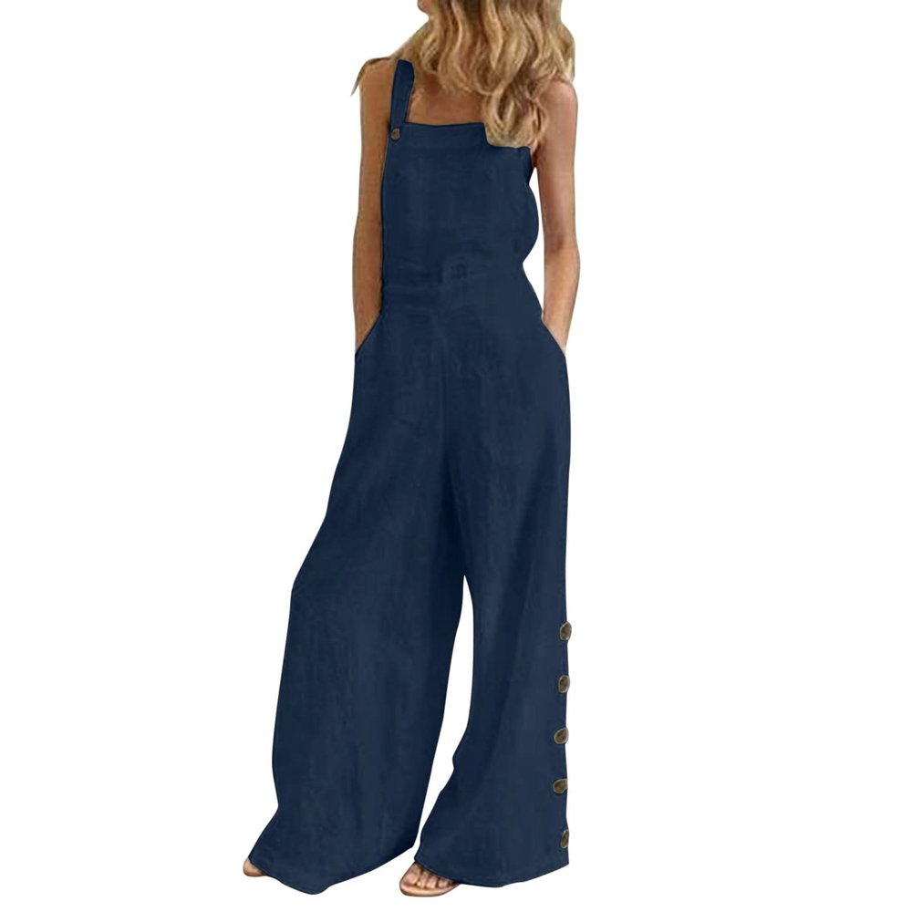 XUETON Wide Leg Jumpsuit for Women Casual Loose Sleeveless Spaghetti Strap Baggy Bibs Overalls Rompers Pants with Pockets(Navy,Medium)
