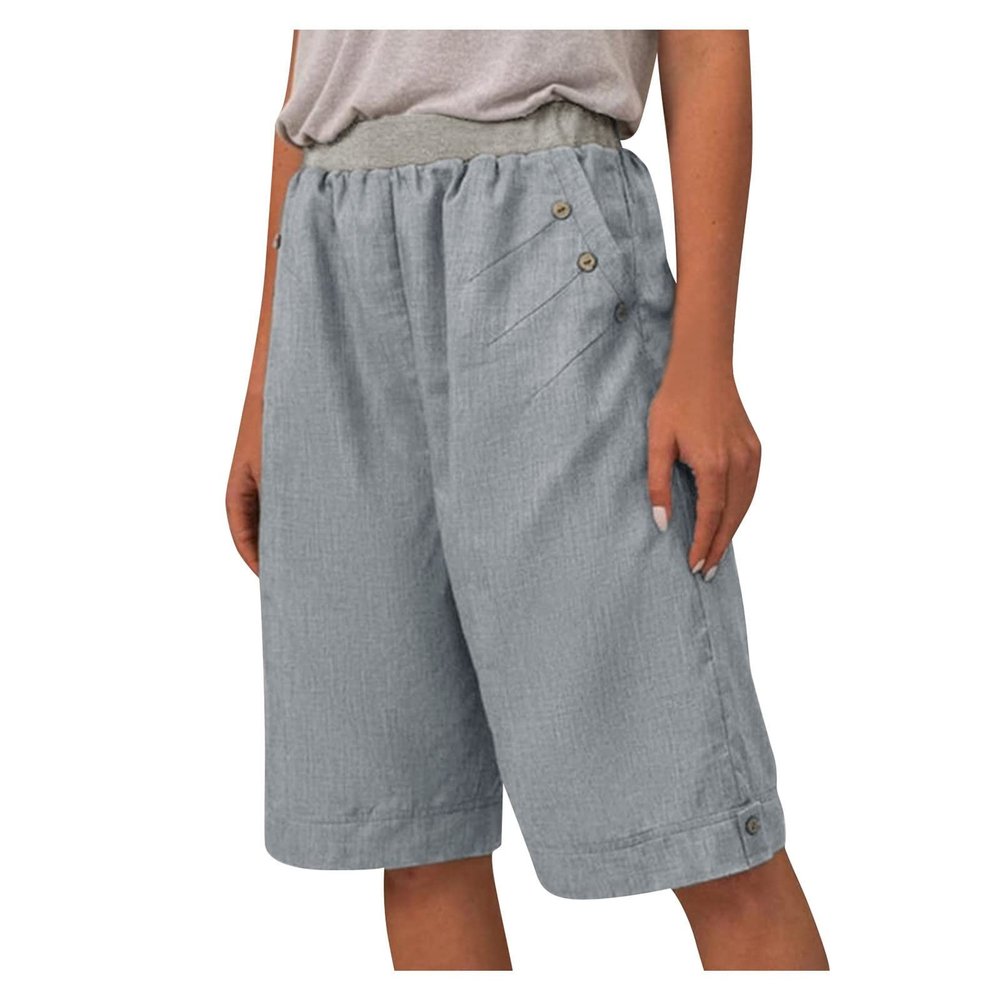 XUETON Bermuda Shorts for Women Elastic Waist Casual Loose Cotton Linen Lounge Shorts with Pockets Knee Length Workout Athletic Shorts(Grey,Large)