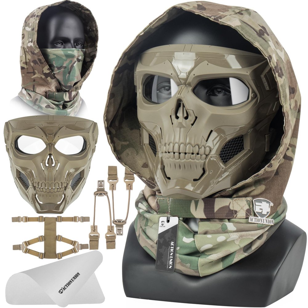 ACTIONUNION Airsoft Mask Full Face Skull Balaclava Face Mask Men Skeleton Mask Tactical Protective Paintball Mask Cosplay Costume (Tan)
