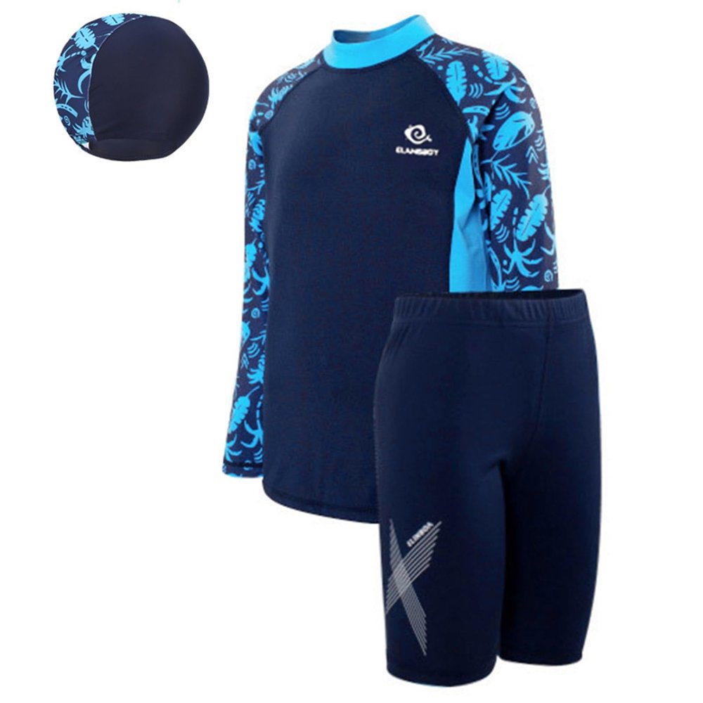 Hansber Teens Boys Swimsuit Rash Guard Shirt Knee Length Pant with Swimming Hat Three Pieces Set for Seaside Type B 11-12 Years