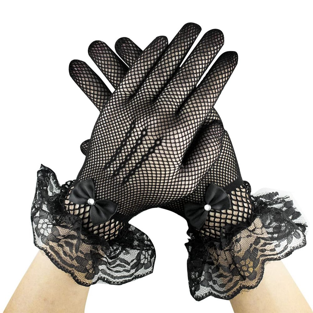 Milaloko Women Short Lace Gloves Elegant Bridal Wrist Gloves for Wedding Tea 1950's Party Costume Favors (Black)