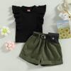 Infant Baby Girls' Clothes Sets Solid Color Button Top Rolled Hem Shorts Playwear Summer Outfit view 2