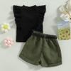 Infant Baby Girls' Clothes Sets Solid Color Button Top Rolled Hem Shorts Playwear Summer Outfit view 3