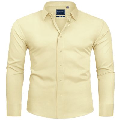 Alimens & Gentle Men's Light Yellow Dress Shirt Slim Fit Long Sleeve Stain Shield Button Down Shirts Summer Wedding 2XL