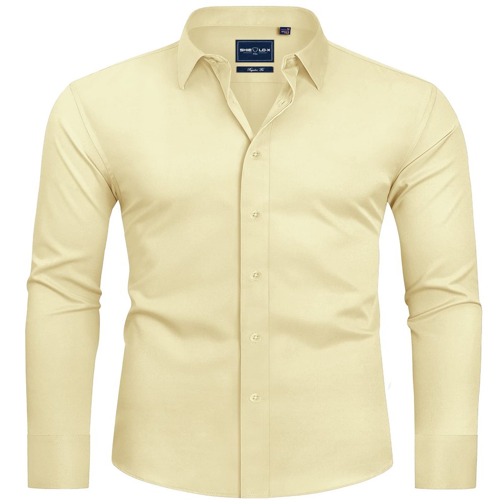 Alimens & Gentle Men's Light Yellow Dress Shirt Slim Fit Long Sleeve Stain Shield Button Down Shirts Summer Wedding 2XL