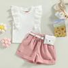 Infant Baby Girls' Clothes Sets Solid Color Button Top Rolled Hem Shorts Playwear Summer Outfit view 2