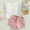 Infant Baby Girls' Clothes Sets Solid Color Button Top Rolled Hem Shorts Playwear Summer Outfit view 3