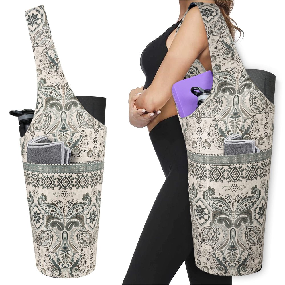 BagYG Yoga Mat Bag - Long Tote with Pockets Holds More Accessories Fit Most Size Mats Border Indian Floral Carrier, 37/''x15.5/'', BagYG-31065324
