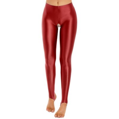 Vxuxlje Women's Oil Shiny Compression Leggings Opaque Mid Waist Skinny Tight Yoga Stirrup Pants Burgundy X-Large