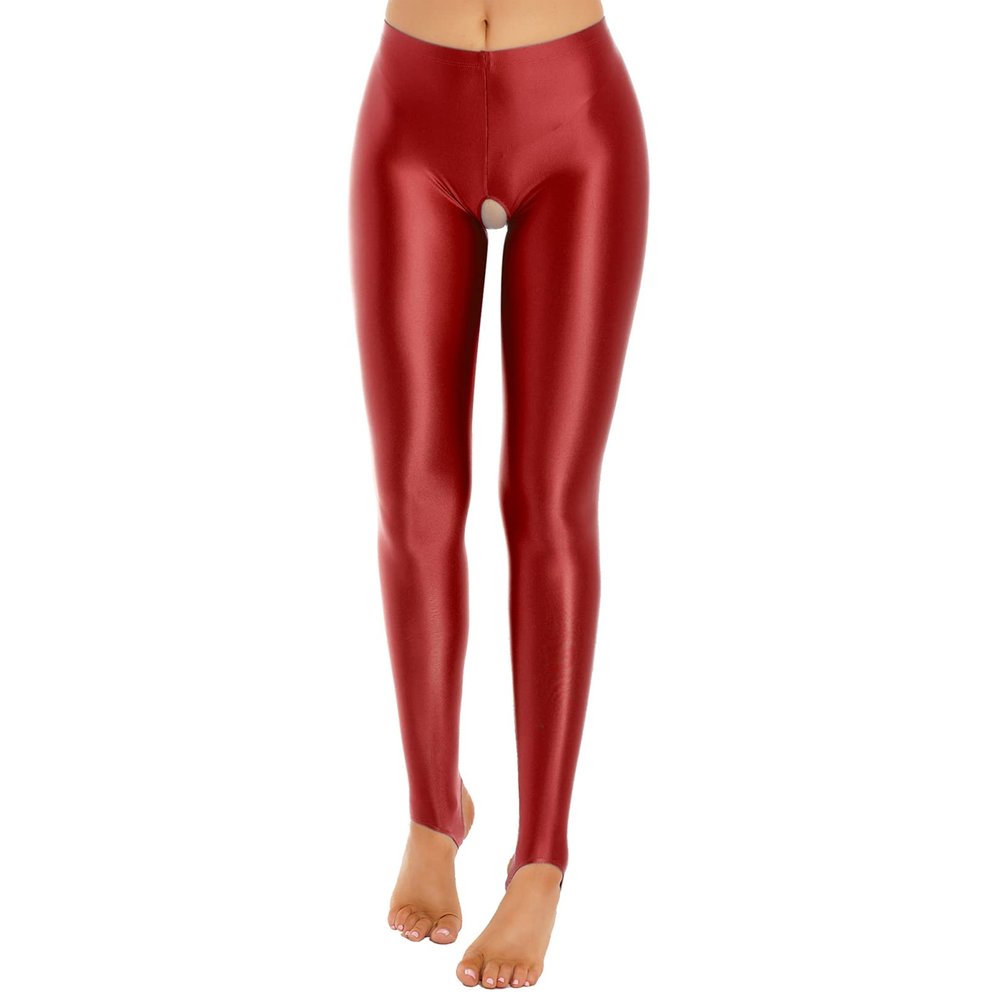 Vxuxlje Women's Oil Shiny Compression Leggings Opaque Mid Waist Skinny Tight Yoga Stirrup Pants Burgundy X-Large