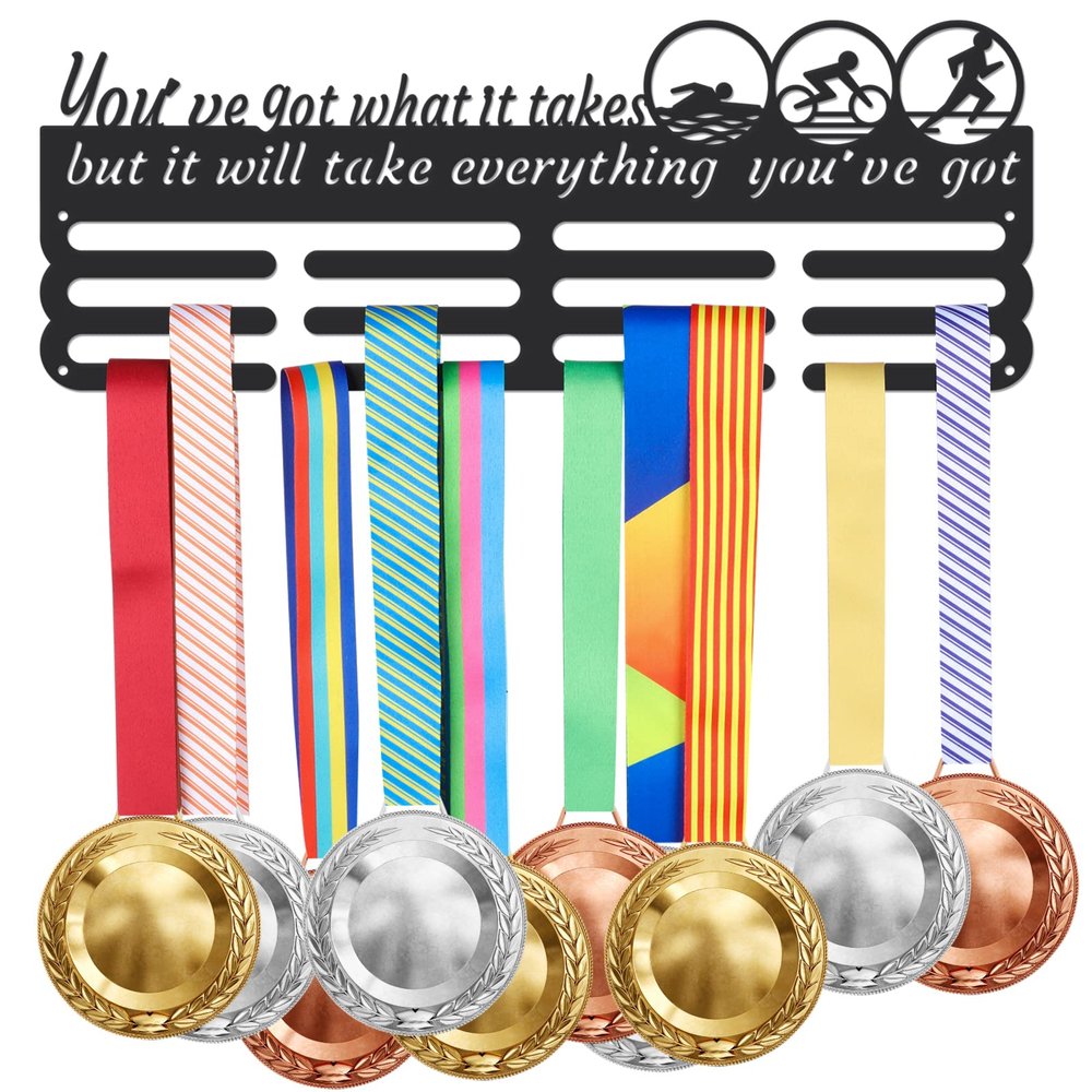 SUPERDANT Triathlon Medal Hanger Running Swimming Cycling Medal Holder with 12 Lines Sturdy Steel Award Display Holders Wall Mounted Medal Display Racks for Ribbon Lanyard Medals