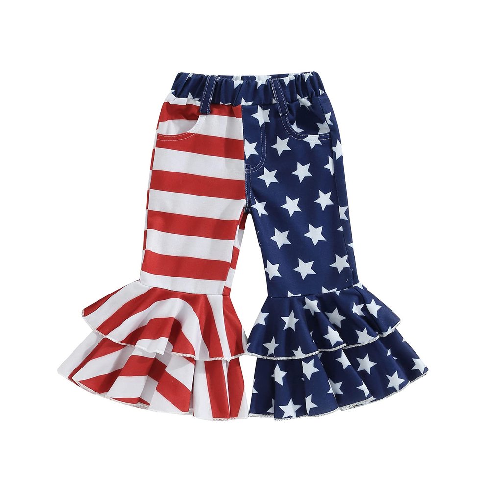 LAGKIYOJ Fourth 4th of July Toddler Baby Girl Clothes Star Stripe Elastic Waist Bell Bottoms Layered Flare Pants Trousers (Star Stripe Print Flare Pants,1-2T)