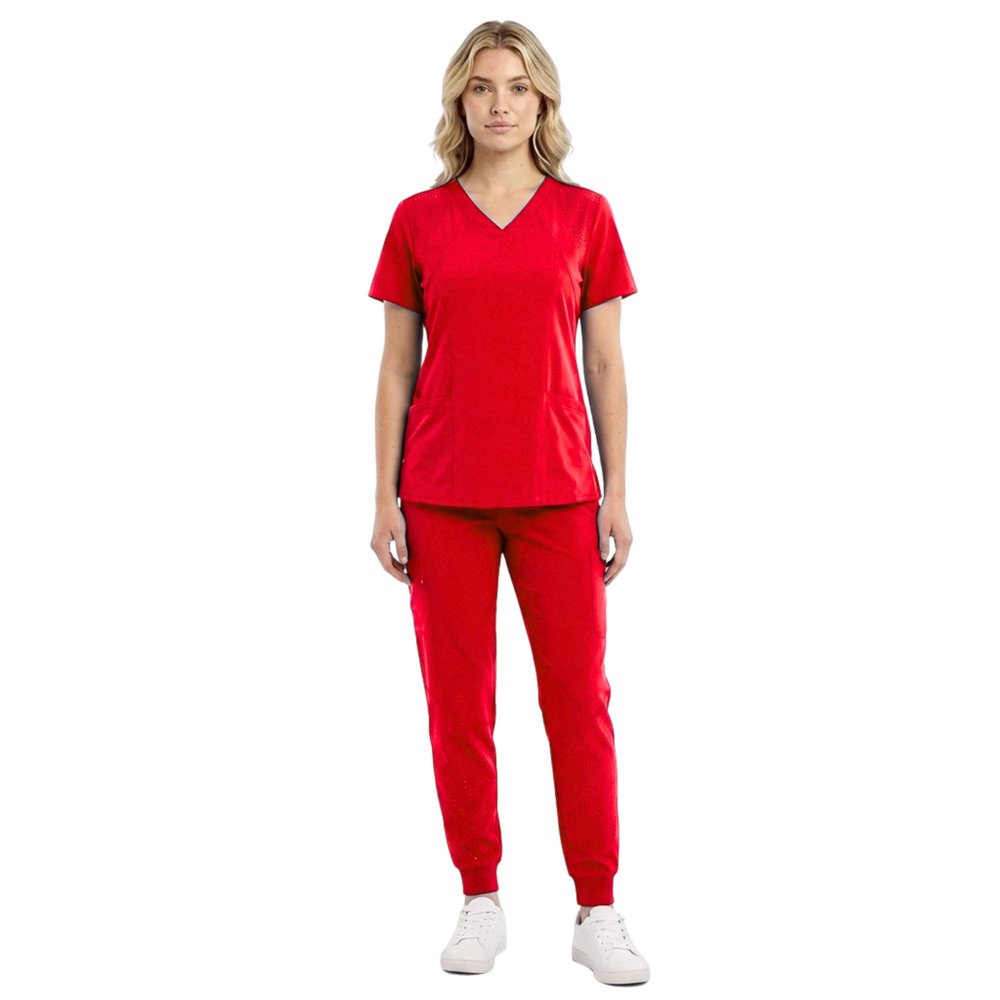 M&M SCRUBS Womens Jogger Scrub Set 4-Way Stretch V-Neck Nurse Scrubs Top & Pants (Red, XX-Large)