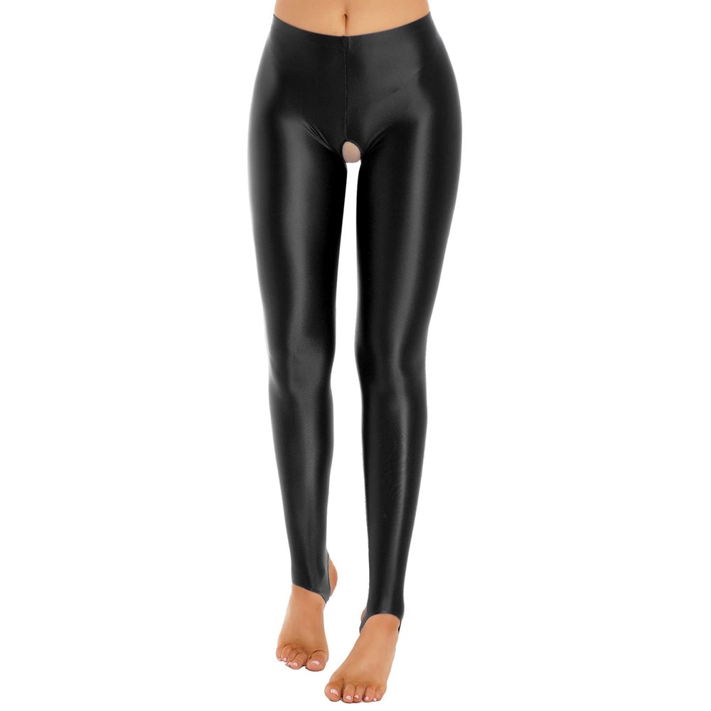 Vxuxlje Women's Oil Shiny Compression Leggings Opaque Mid Waist Skinny Tight Yoga Stirrup Pants Black X-Large