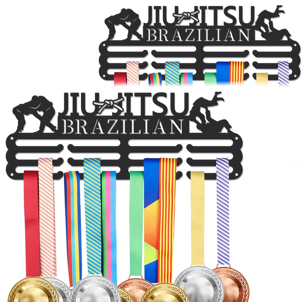 SUPERDANT Brazilian Jiu Jitsu Metal Holders for Display Sports Medal Holder BJJ UFC Personalised Award Black Metal Rack Wall Mounted Ribbon Lanyard Christmas Birthday Gift for Kids Athletes 15.75x6in