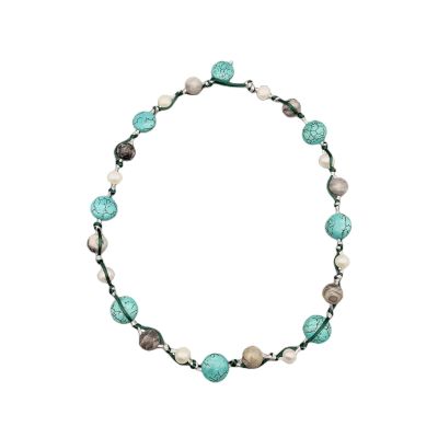 10mm Gray Picasso Jasper Stone Turquoise Necklace 8-9mm White Pearl Silk Cord Rope Trendy Choker 18"