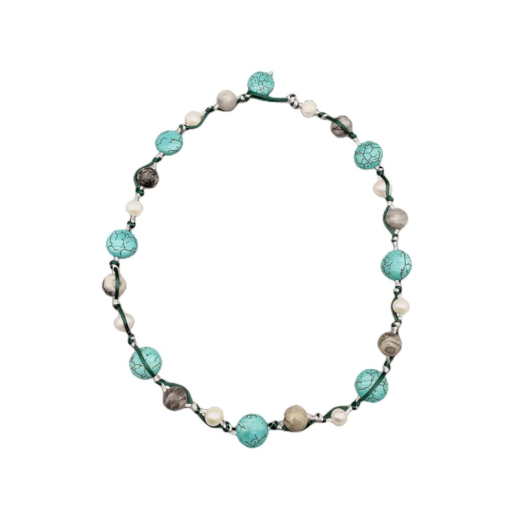10mm Gray Picasso Jasper Stone Turquoise Necklace 8-9mm White Pearl Silk Cord Rope Trendy Choker 18"