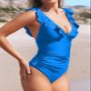 CUPSHE Women One Piece Swimsuit Ruffled Deep V Neck Tummy Control Back Tie Bathing Suits M Royal Blue view 3