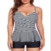 coastal rose Bathing Suit Tankini for Women Flowy Ruched Tummy Control Swimsuits Top Ruffle Hem Swimwear US6 Black White Stripes view 2