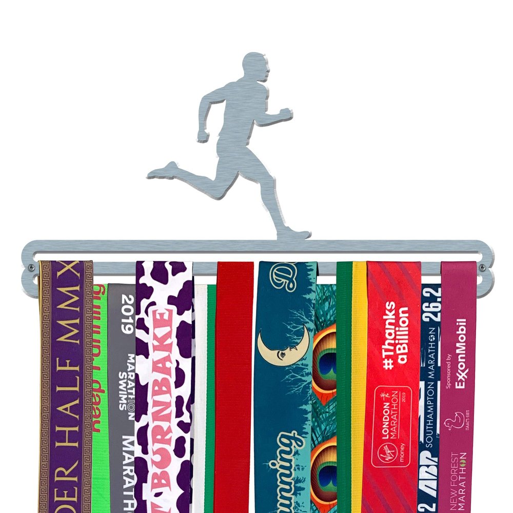 The Medal Hanger Shop | Male Runner | Brushed Stainless Steel | Double Bar | Medal Hanger Display Holder for Runners, Running Accessories | Made in Britain