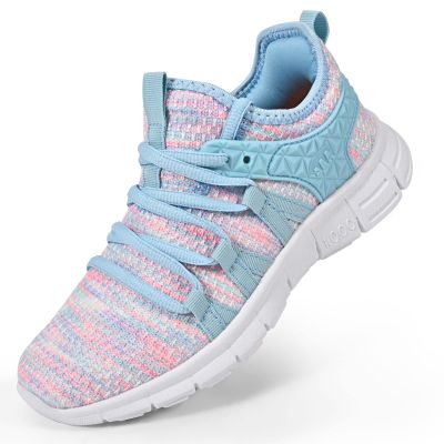 AOE Womens Fashion Walking Running Shoes Ultra Lightweight Breathable Mesh Tennis Shoes Non Slip Athletic Workout Gym Sneakers Blue Pink Lace 5.5women / 4.5men