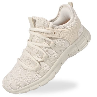 AOE Womens Fashion Walking Running Shoes Ultra Lightweight Breathable Mesh Tennis Shoes Non Slip Athletic Workout Gym Sneakers Beige Lace 5.5women / 4.5men