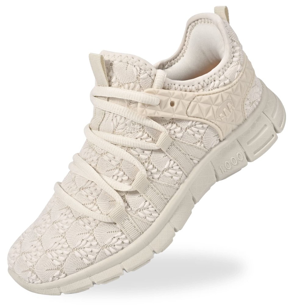 AOE Womens Fashion Walking Running Shoes Ultra Lightweight Breathable Mesh Tennis Shoes Non Slip Athletic Workout Gym Sneakers Beige Lace 5.5women / 4.5men