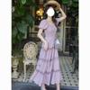 Lolita Dress Summer Dress Women Square Collar Puff Sleeve Purple and White Thin Sweet French Dress (Color : Purple, Size : Large) view 2