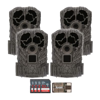 Stealth Cam Browtine 16MP, Durable, 60 Feet Infrared Detection Range, and Burst Mode Trail Camera (4-Pack) Bundle with USB 2.0 Card Reader, and Four 32GB Ultra SDHC UHS-I Memory Card (9 Items)