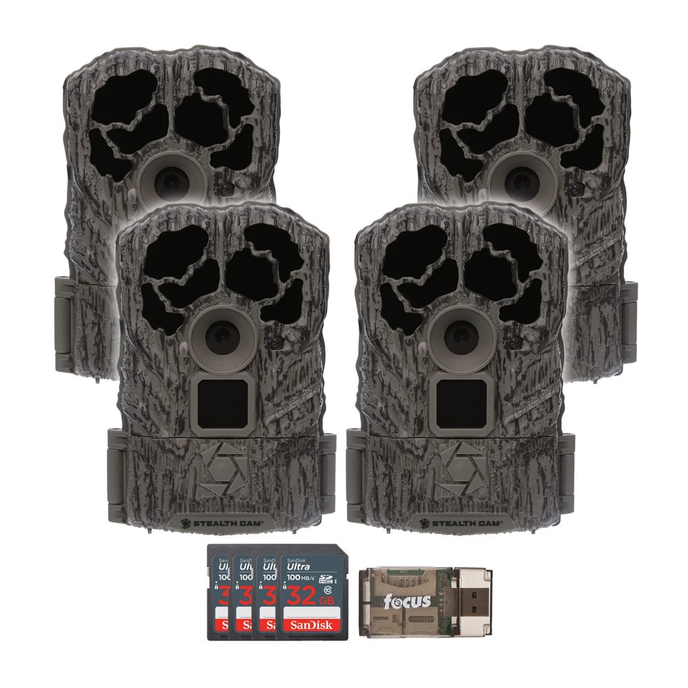 Stealth Cam Browtine 16MP, Durable, 60 Feet Infrared Detection Range, and Burst Mode Trail Camera (4-Pack) Bundle with USB 2.0 Card Reader, and Four 32GB Ultra SDHC UHS-I Memory Card (9 Items)
