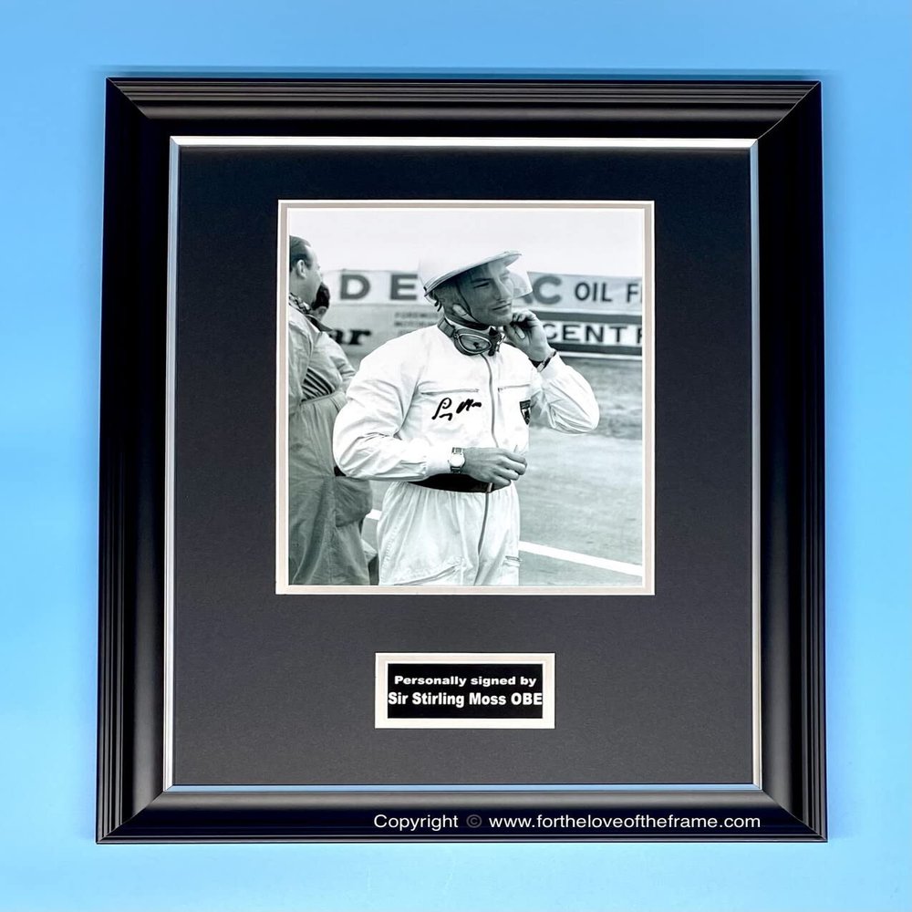 Sir Stirling Moss Hand Signed Autograph Formula One Memorabilia Photo In Luxury Handmade Wooden Display & Certificate of Authenticity