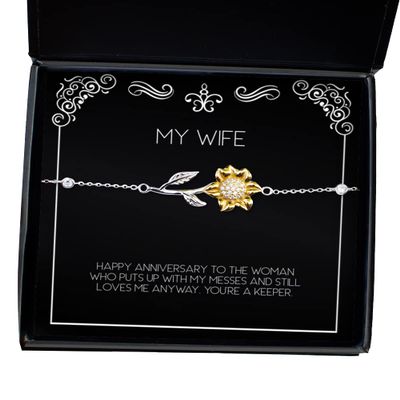 Best Wife Gifts, Happy Anniversary to The Woman who Puts up with My Messes, Special Birthday Sunflower Bracelet from Wife, Birthday Present, Sunflower Necklace, Bracelet Gift, Bangle Gift, Flower