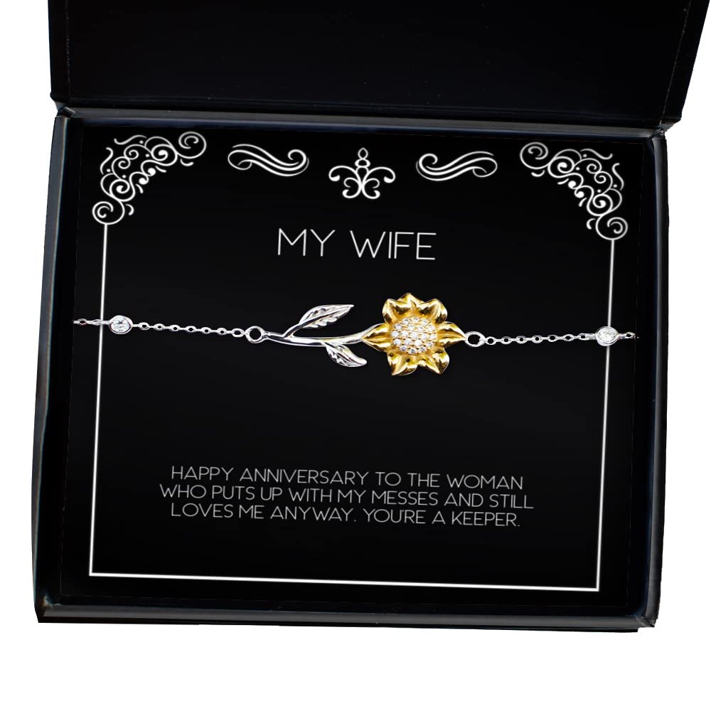 Best Wife Gifts, Happy Anniversary to The Woman who Puts up with My Messes, Special Birthday Sunflower Bracelet from Wife, Birthday Present, Sunflower Necklace, Bracelet Gift, Bangle Gift, Flower