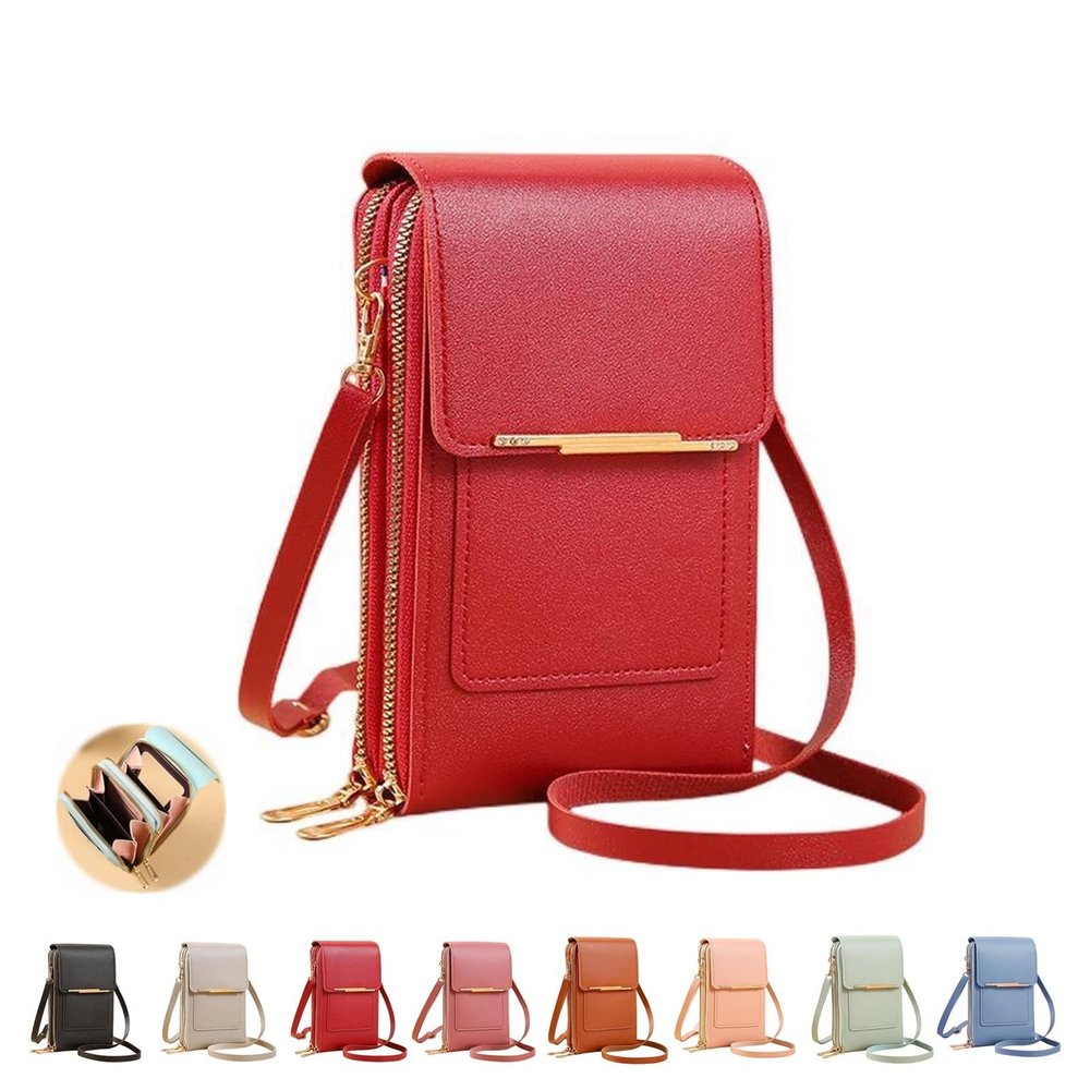 atcryih Anti-theft Leather Bag, Phone Crossbody Bags for Women, Touchscreen Phone Wallet PU Leather Crossbody Bag (3-Red)