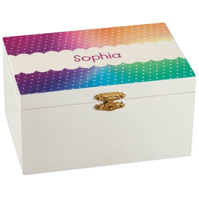 Fox Valley Traders Custom Rainbow Dots Children's Jewelry Box, Crafted with 100% Durable MDF, Clasp Closure and Metal Hinges, Kids Bedroom Dcor - Measures 6" Long x 4" Wide x 3" High Overall