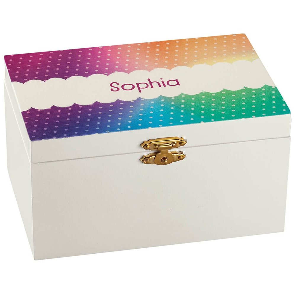Fox Valley Traders Custom Rainbow Dots Children's Jewelry Box, Crafted with 100% Durable MDF, Clasp Closure and Metal Hinges, Kids Bedroom Dcor - Measures 6" Long x 4" Wide x 3" High Overall