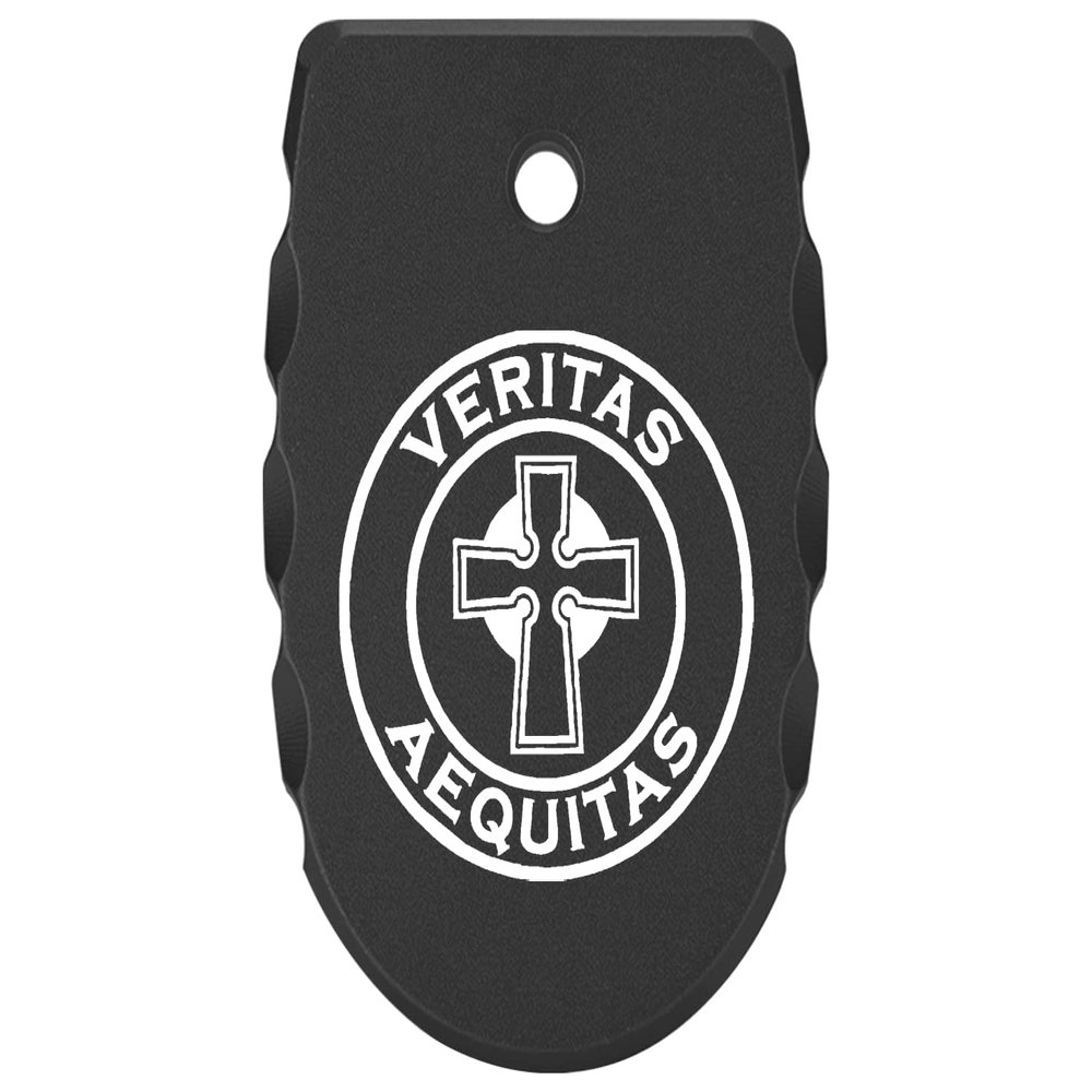 NDZ Performance Magazine Base Plate for Sig P365 X Macro & P365 Fuse  Laser Engraved Anodized Aluminum with Grooved Ridges  Black  Celtic Cross Veritas Aequitas Circle